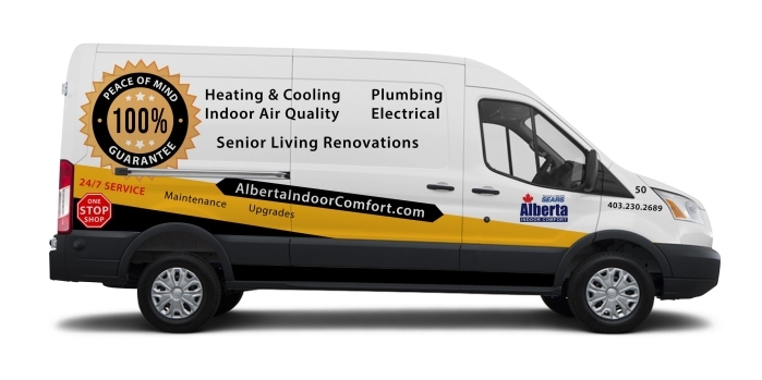 Ford Transit HVAC service van parked in Calgary, Alberta, representing indoor comfort solutions.