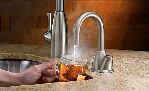 "Expertly installed Hot Water Dispenser Faucet with Chrome Contour SS design for efficient and instant hot water.